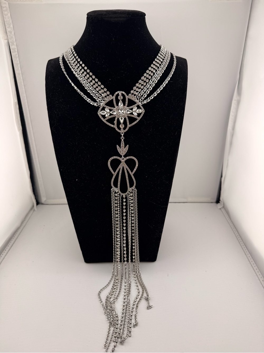 NWT White House Black Market Silver Crystal Fringe Statement Necklace